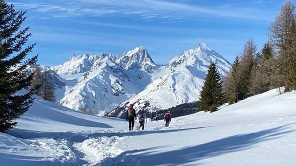 Snowshoeing at La Court de Bard, a balcony overlooking Mont Blanc