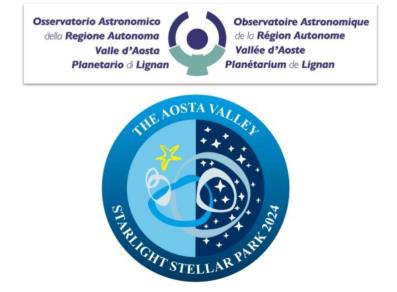 In alto, logo ufficiale della Fondazione Clément Fillietroz-ONLUS che gestisce l’Osservatorio Astronomico della Regione Autonoma Valle d’Aosta e il Planetario di Lignan; in basso, logo ufficiale dello Starlight Stellar Park della Valle d’Aosta.