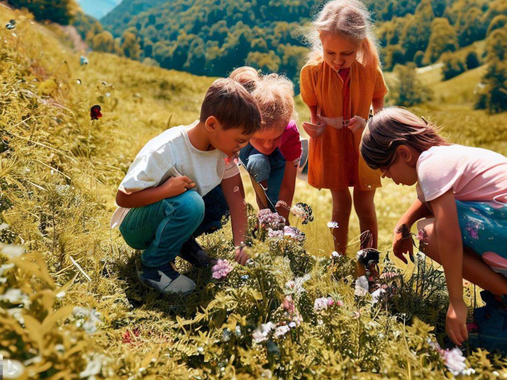 bambini in montagna su un prato