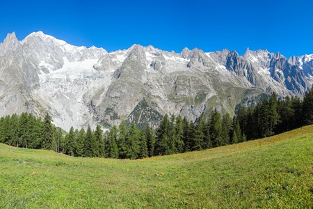 The Mont Blanc range seen from Pré de Pascal in Courmayeur