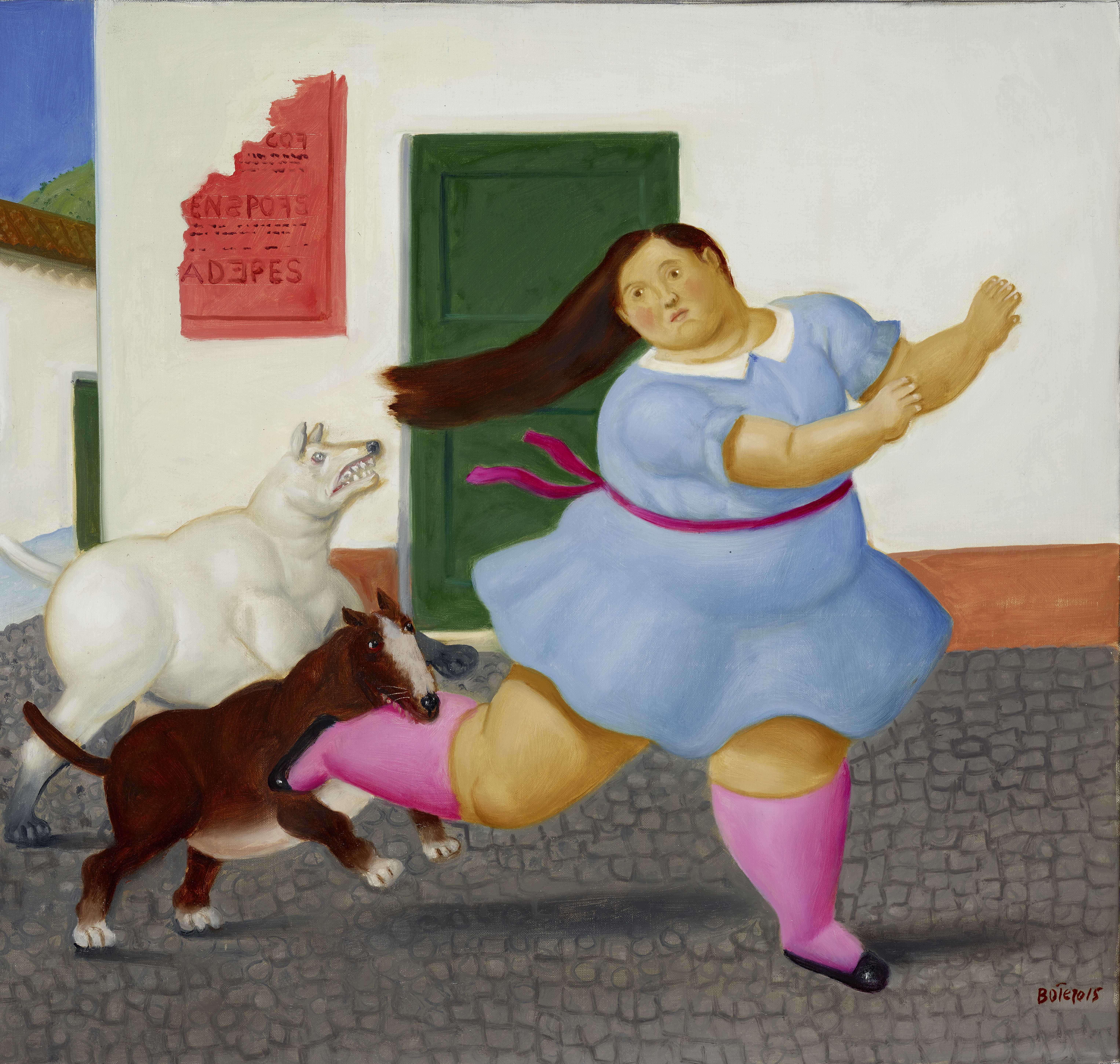 Ragazza morsa da un cane / Young Woman Bitten by a Dog, 2015	
Olio su tela / oil on canvas, 48 x 51 cm
Property of the Fernando Botero Foundation
